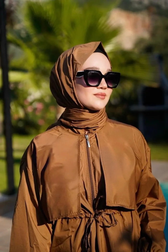 PARAŞÜT KUMAŞ TESETTÜR MAYO – KAHVERENGİ - Görsel 4