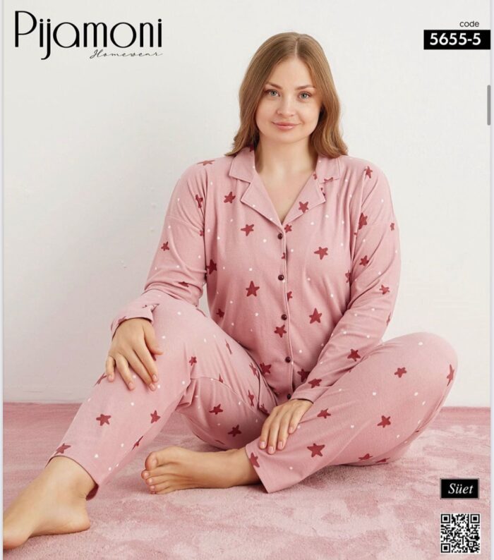 PİJAMONİ - SÜET KUMAŞ PEMBE YILDIZ DESEN - Görsel 1