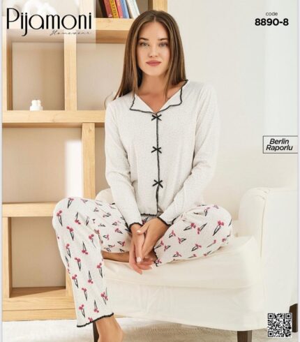 PİJAMONİ - BERLİN KUMAŞ FİYONKLU ÇİÇEK DESEN