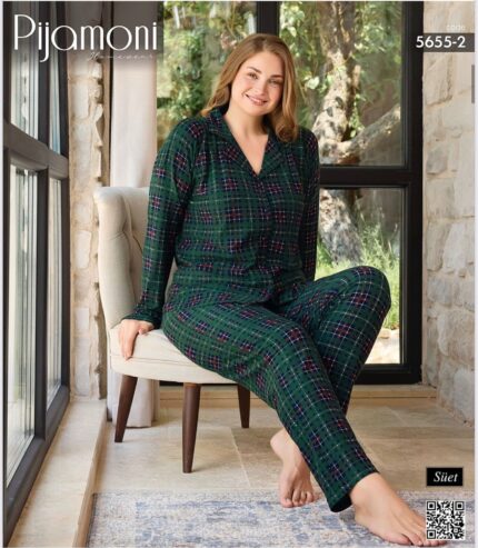 PİJAMONİ - SÜET KUMAŞ YEŞİL EKOSE DESEN