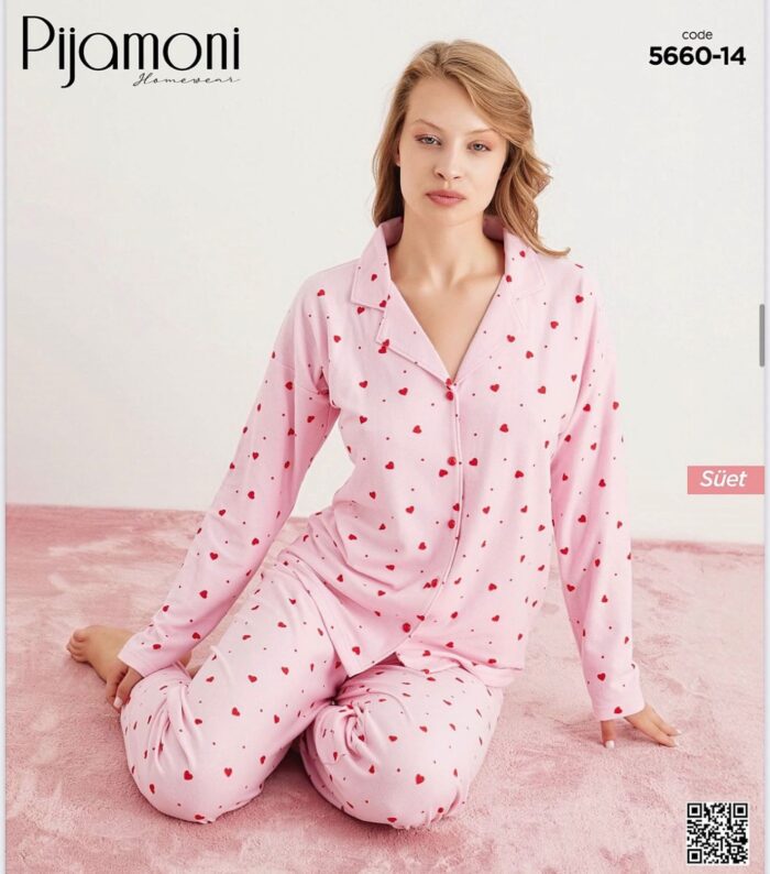 PİJAMONİ - SÜET KUMAŞ PEMBE KALP DESEN - Görsel 1