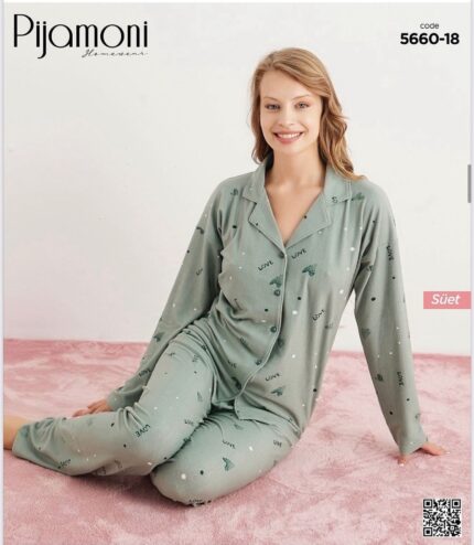 PİJAMONİ - SÜET KUMAŞ YEŞİL LOVE DESEN