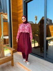 PARAŞÜT KUMAŞ TESETTÜR MAYO UZUN - BORDO ÇİÇEK DESEN - Görsel 2