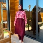 PARAŞÜT KUMAŞ TESETTÜR MAYO UZUN - BORDO ÇİÇEK DESEN