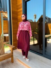 PARAŞÜT KUMAŞ TESETTÜR MAYO UZUN - BORDO ÇİÇEK DESEN