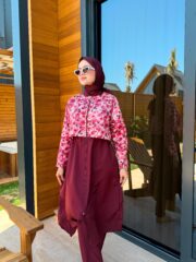 PARAŞÜT KUMAŞ TESETTÜR MAYO UZUN - BORDO ÇİÇEK DESEN - Görsel 3