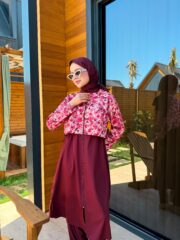 PARAŞÜT KUMAŞ TESETTÜR MAYO UZUN - BORDO ÇİÇEK DESEN - Görsel 7