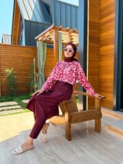 PARAŞÜT KUMAŞ TESETTÜR MAYO UZUN - BORDO ÇİÇEK DESEN - Görsel 5