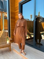 PARAŞÜT KUMAŞ TESETTÜR MAYO UZUN - KAHVERENGİ UZUN