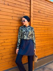 CROP MODEL TESETTÜR MAYO - LACİVERT YAPRAK DESEN