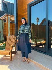 PARAŞÜT KUMAŞ TESETTÜR MAYO UZUN - LACİVERT YAPRAK DESEN - Görsel 8