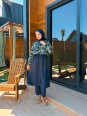 PARAŞÜT KUMAŞ TESETTÜR MAYO UZUN - LACİVERT YAPRAK DESEN - Görsel 7