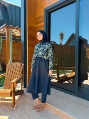 PARAŞÜT KUMAŞ TESETTÜR MAYO UZUN - LACİVERT YAPRAK DESEN - Görsel 6