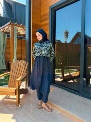 PARAŞÜT KUMAŞ TESETTÜR MAYO UZUN - LACİVERT YAPRAK DESEN - Görsel 5