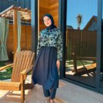 PARAŞÜT KUMAŞ TESETTÜR MAYO UZUN - LACİVERT YAPRAK DESEN