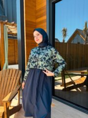 PARAŞÜT KUMAŞ TESETTÜR MAYO UZUN - LACİVERT YAPRAK DESEN - Görsel 3