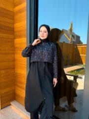 PARAŞÜT KUMAŞ TESETTÜR MAYO UZUN - SİYAH BEYAZ