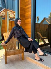 PARAŞÜT KUMAŞ TESETTÜR MAYO UZUN - SİYAH BEYAZ - Görsel 4